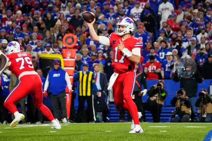 Buffalo Bills quarterback Josh Allen (17) throws the ball against the New York Giants during the first half at Highmark Stadium.